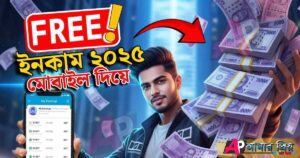 ফ্রি ইনকাম ২০২৫ - একজন যুবক মোবাইল দিয়ে টাকা ইনকাম করার অ্যাপ এবং টাকার বান্ডিল দেখাচ্ছে