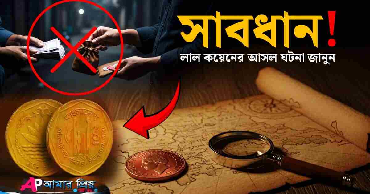 লাল কয়েনের প্রতারণা নিয়ে সতর্কতামূলক ছবি। ছবিতে টাকার বিনিময়ে কয়েন লেনদেন নিষিদ্ধ দেখানো হয়েছে এবং 'সাবধান! লাল কয়েনের আসল ঘটনা জানুন' লেখা আছে।