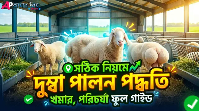 খামারে উন্নত জাতের দুম্বা পালন এবং এর খাবার খাওয়ার দৃশ্য